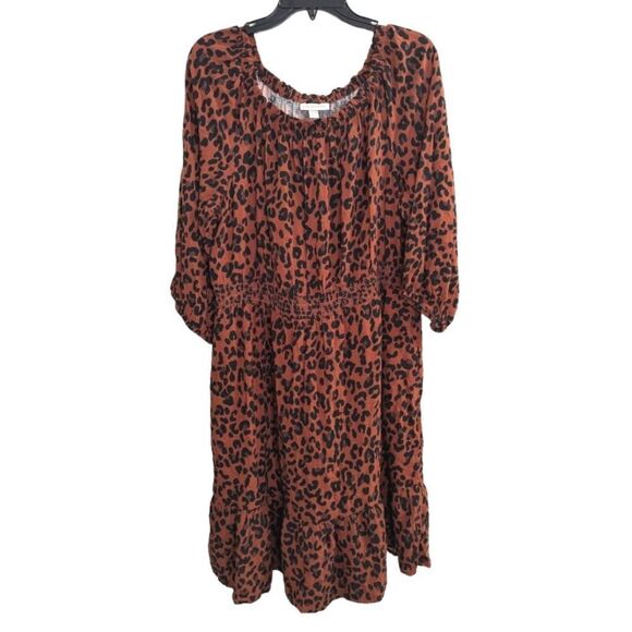 Knox Rose dark brown leopard animal print smocked a-line knee length dress L - Picture 2 of 7